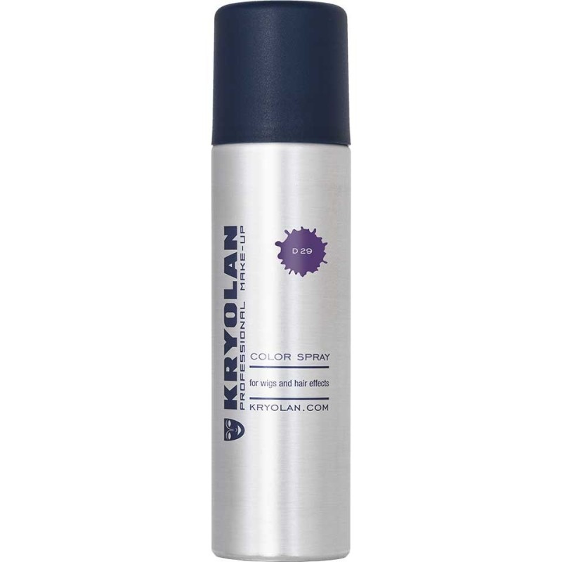 Model cu părul vopsit temporar lila opac folosind spray colorant Kryolan D29, sticluța de 150ml vizibilă. Ideal pentru eveniment