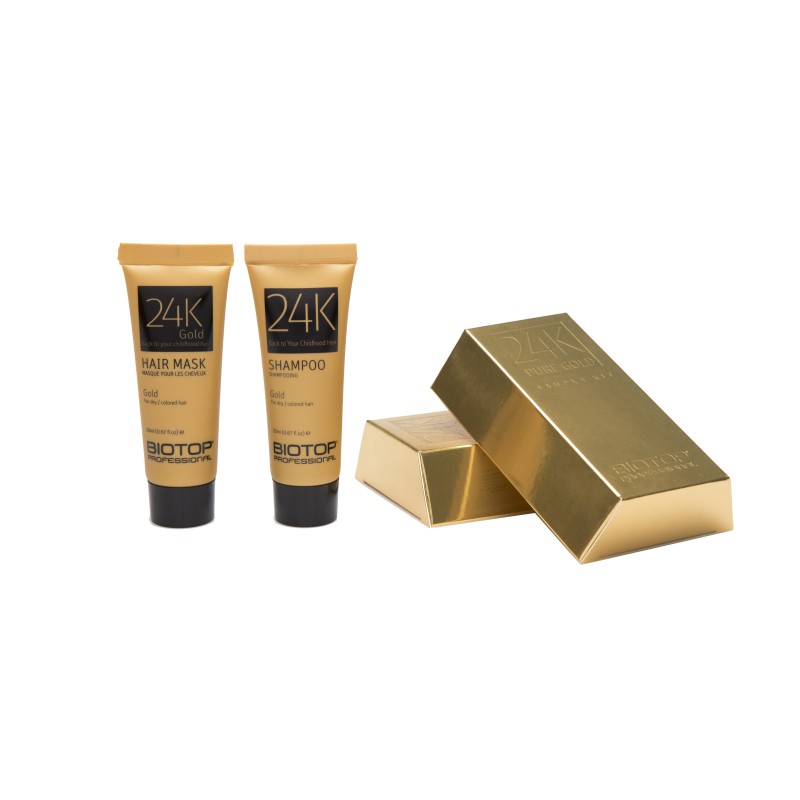 Mini-set BIOTOP PROFESSIONAL Gold 24K: șampon și mască 20ml pentru tratament intensiv, hidratare și strălucire profesională a pă