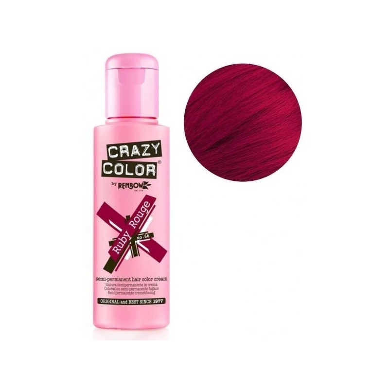 Tub CRAZY COLOR Nr. 66 Ruby Rouge, vopsea de par semipermanenta 100ml. Roșu rubiniu intens pentru look-uri vibrante, fără oxidan