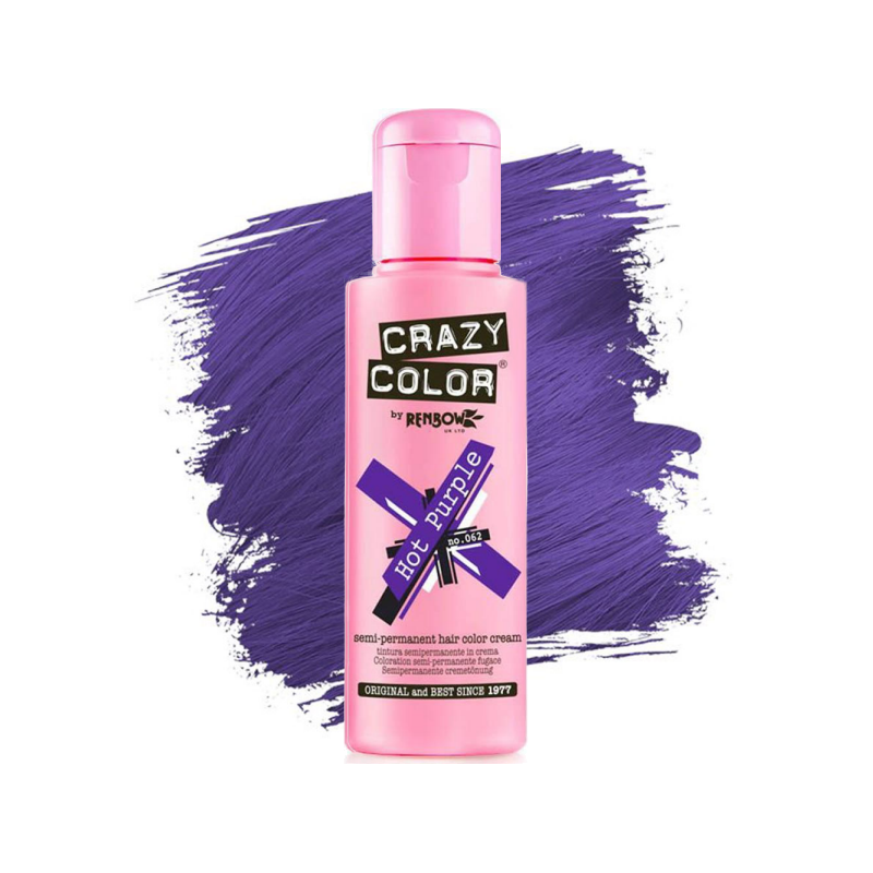 Tub de vopsea semipermanentă CRAZY COLOR Nr. 62 Hot Purple 100ml, violet intens, pentru păr decolorat, fără amoniac și peroxid.