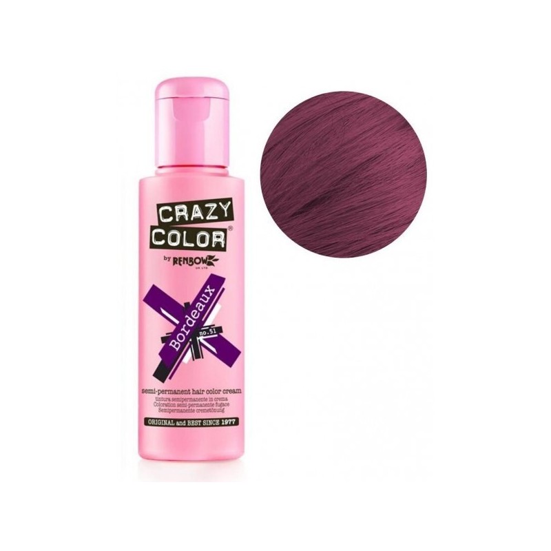 Vopsea semipermanentă Crazy Color Nr. 51 Bordeaux intens, 100ml. Pentru păr vibrant, strălucitor, fără oxidant. Creează stiluri 