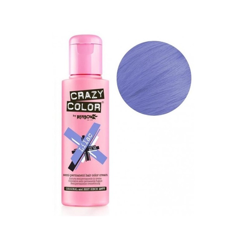 Vopsea semipermanentă CRAZY COLOR Nr. 55 Lilac, 100ml. Oferă o nuanță vibrantă de lila pentru păr, fără oxidant.