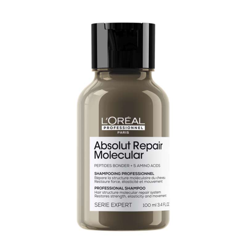 Flacon sampon Loreal Absolut Repair Molecular 100ml pentru repararea intensivă a părului deteriorat, reconstruiește fibra capila