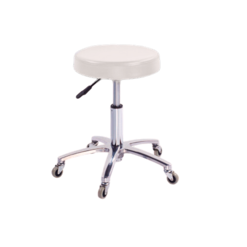 Scaun ucenic profesional SALONSHOP alb cu 5 roți pivotante, ideal pentru coafură, cosmetică și manichiură în salon. Oferă suport