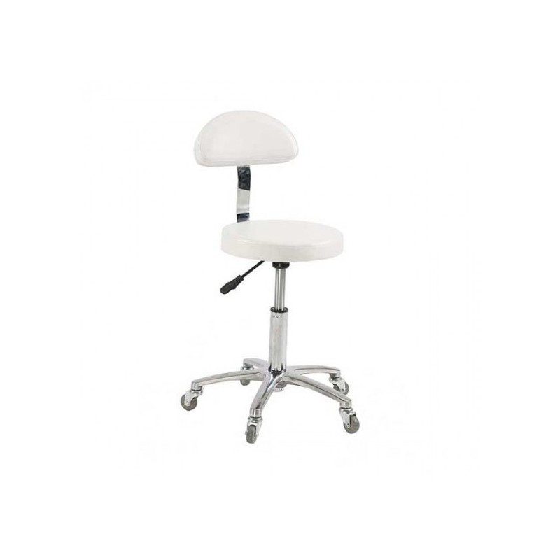 Scaun ucenic Salonshop alb ergonomic, cu 5 roți pivotante, ideal pentru cosmetica, estetica și manichiură în saloane profesional