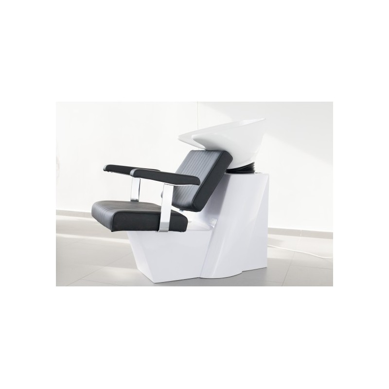 Unitate de spălare profesională Salonshop cu scafă ceramică albă ergonomică, bazin alb și scaun negru. Ideală pentru coafor și f