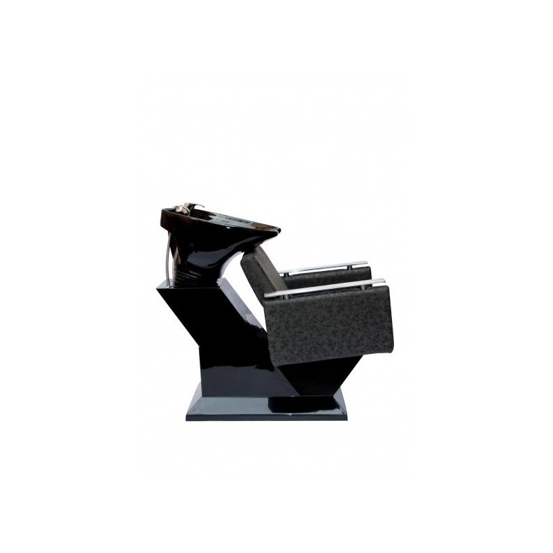 Unitate de spalare profesionala Salonshop cu bazin negru din ceramica si scaun ergonomic gri inchis. Ideala pentru coafura si sa
